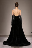 Black Mermaid Strapless Long Velvet Formal Dress with Sleeves