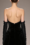 Black Mermaid Strapless Long Velvet Formal Dress with Sleeves