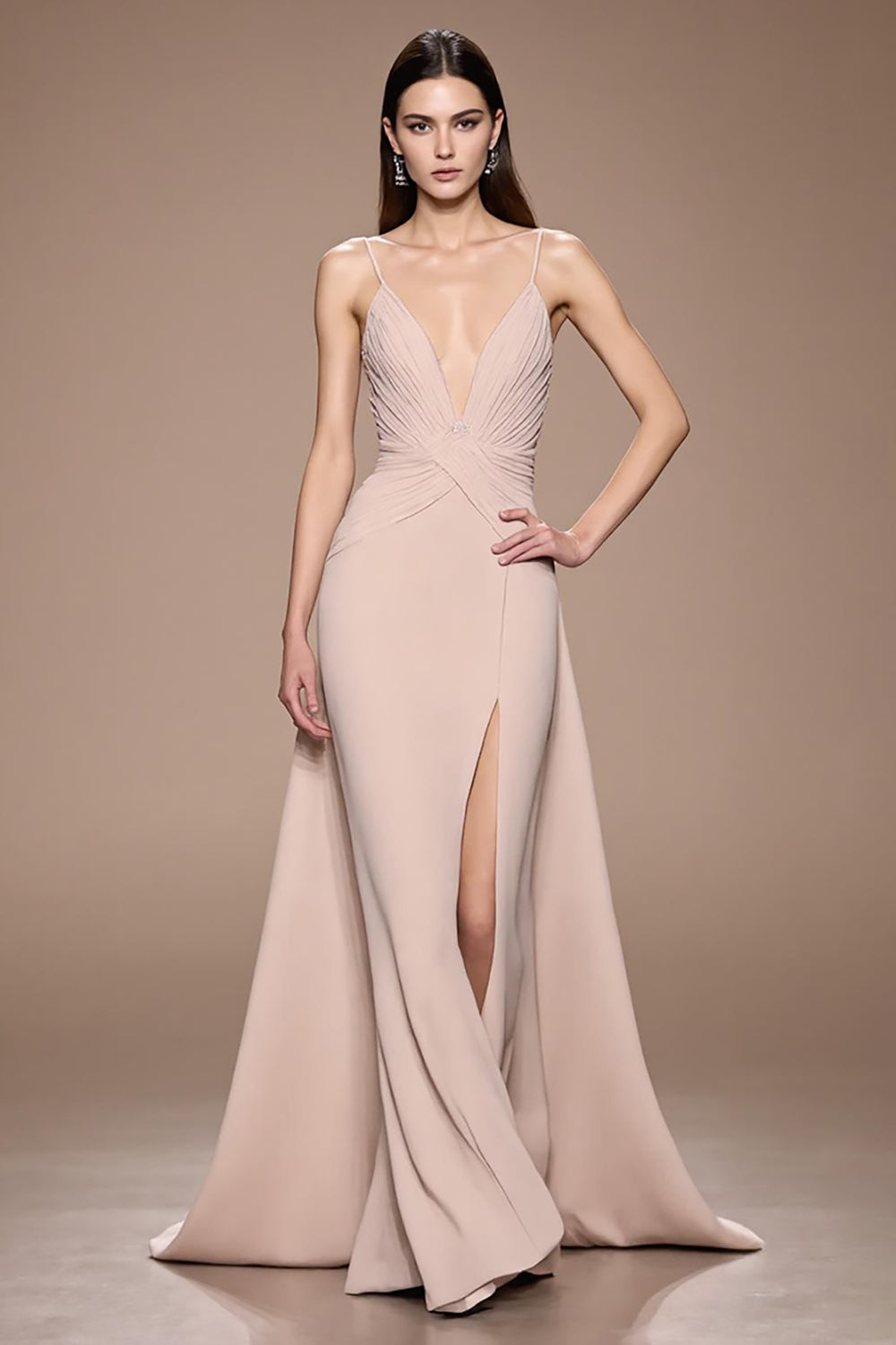 Champagne A Line Satin Ruched Maxi Formal Dress with Slit