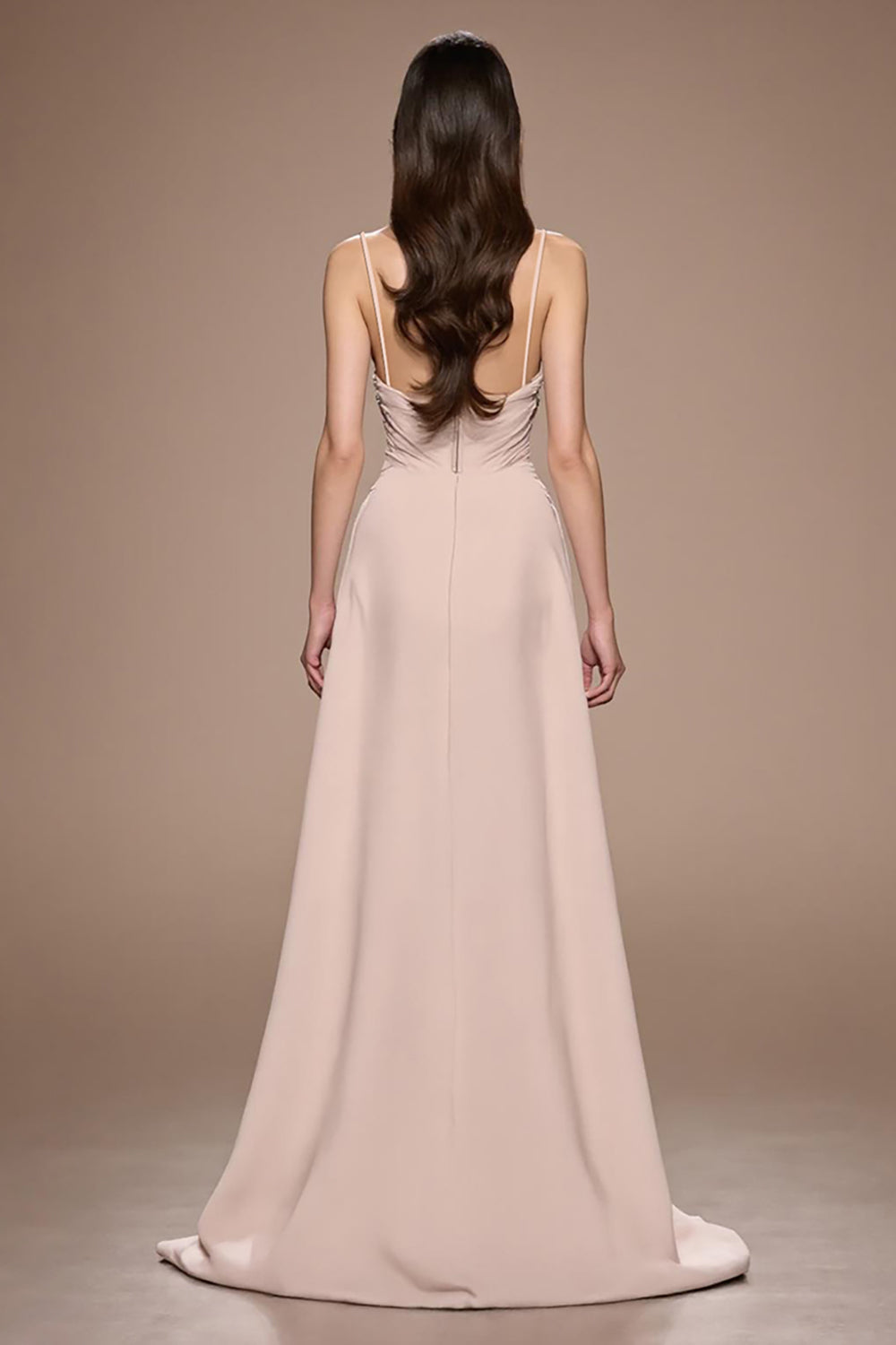 Champagne A Line Satin Ruched Maxi Formal Dress with Slit