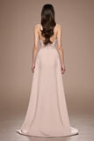 Champagne A Line Satin Ruched Maxi Formal Dress with Slit