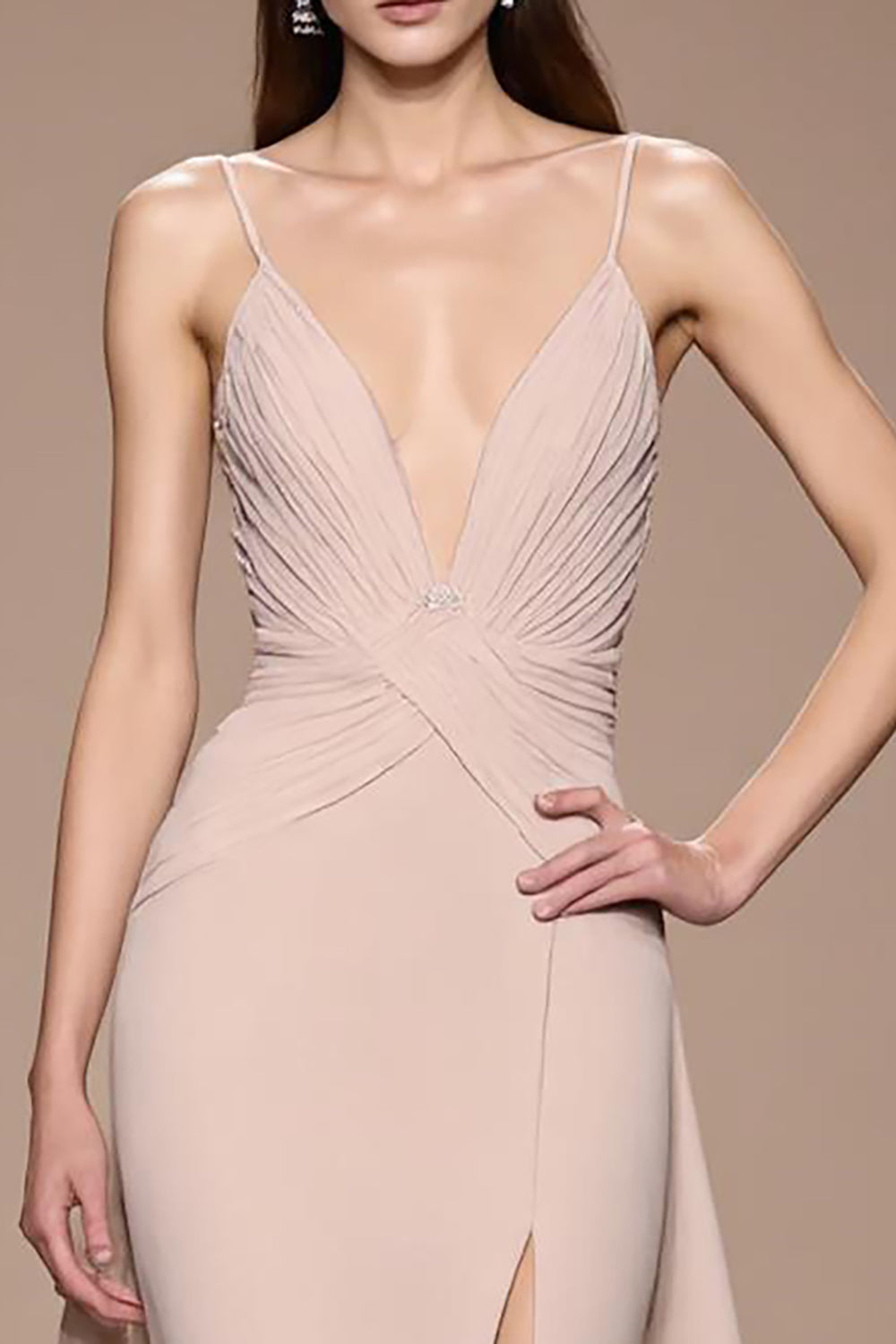 Champagne A Line Satin Ruched Maxi Formal Dress with Slit