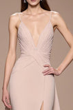 Champagne A Line Satin Ruched Maxi Formal Dress with Slit