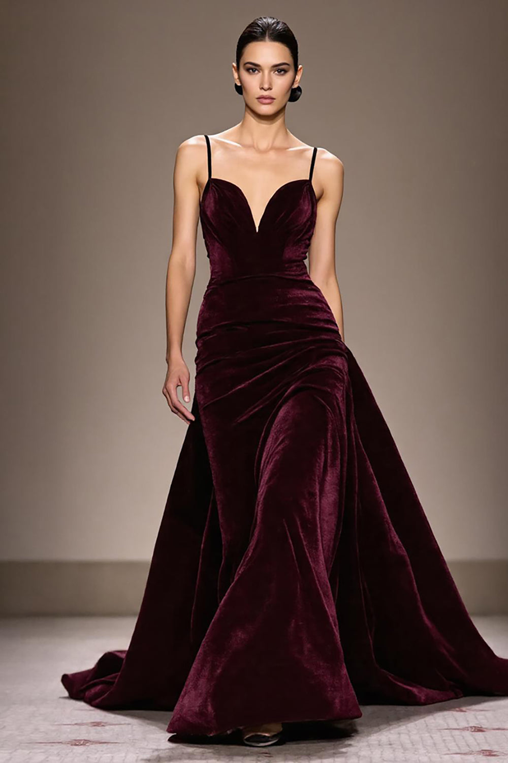 Burgundy Velvet A Line Spaghetti Straps Long Formal Dress