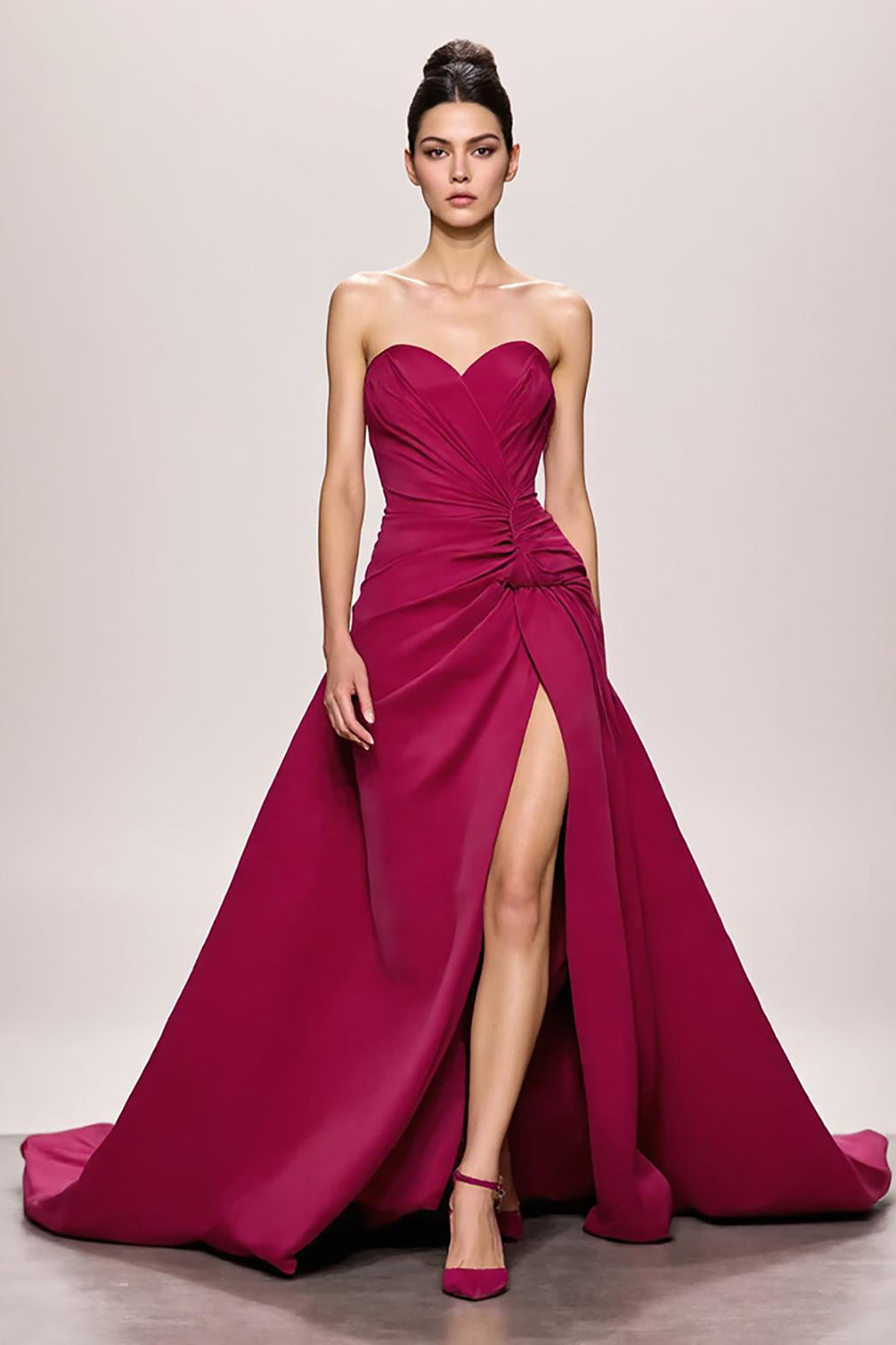 Fuchsia Satin A Line Ruched Sweetheart Long Formal Dress With Slit