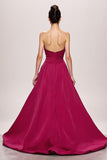 Fuchsia Satin A Line Ruched Sweetheart Long Formal Dress With Slit