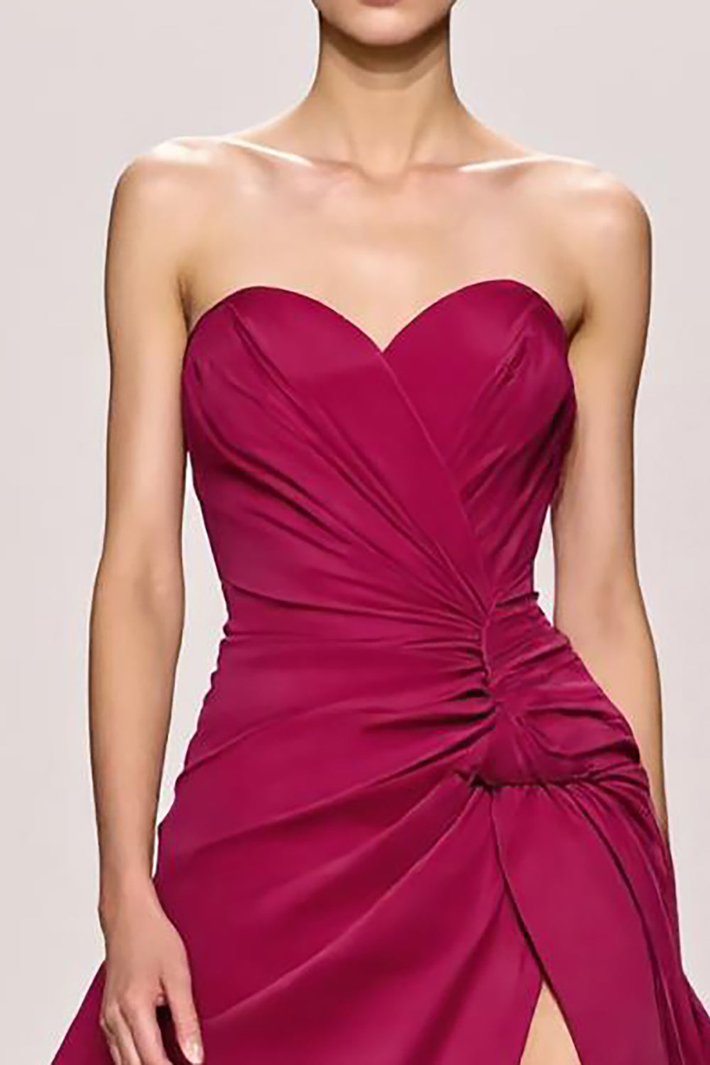 Fuchsia Satin A Line Ruched Sweetheart Long Formal Dress With Slit