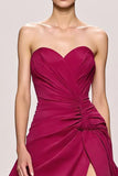 Fuchsia Satin A Line Ruched Sweetheart Long Formal Dress With Slit