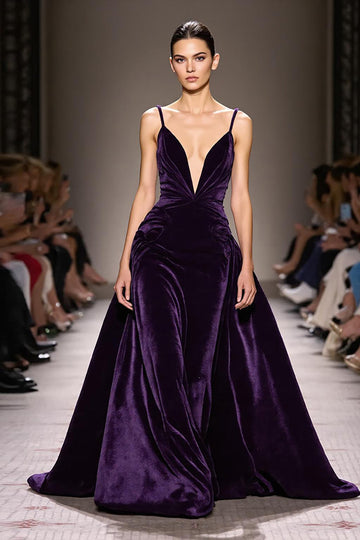 Dark Purple Velvet A Line Deep V-Neck Long Formal Dress