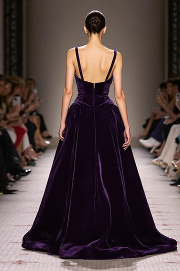 Dark Purple Velvet A Line Deep V-Neck Long Formal Dress