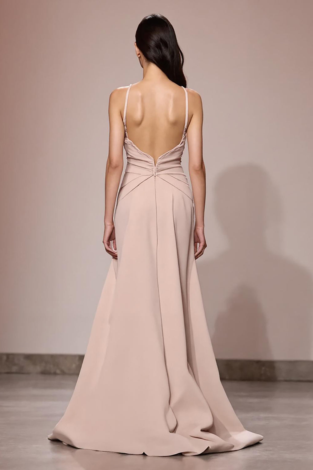 Champagne Satin Ruched Spaghetti Straps Maxi Formal Dress