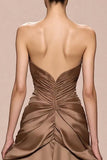 Coffee Mermaid Satin Sweetheart Ruched Long Formal Dress