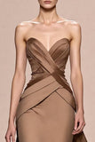 Coffee Mermaid Satin Sweetheart Ruched Long Formal Dress