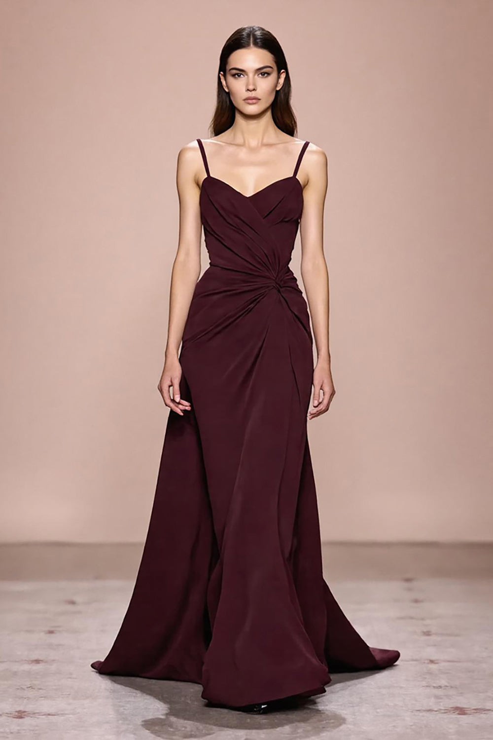 Dark Red Satin Ruched Spaghetti Straps Long Formal Dress