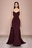Dark Red Satin Ruched Spaghetti Straps Long Formal Dress