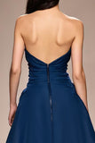 Dark Blue A Line Strapless Ruched Long Formal Dress with Slit