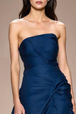 Dark Blue A Line Strapless Ruched Long Formal Dress with Slit