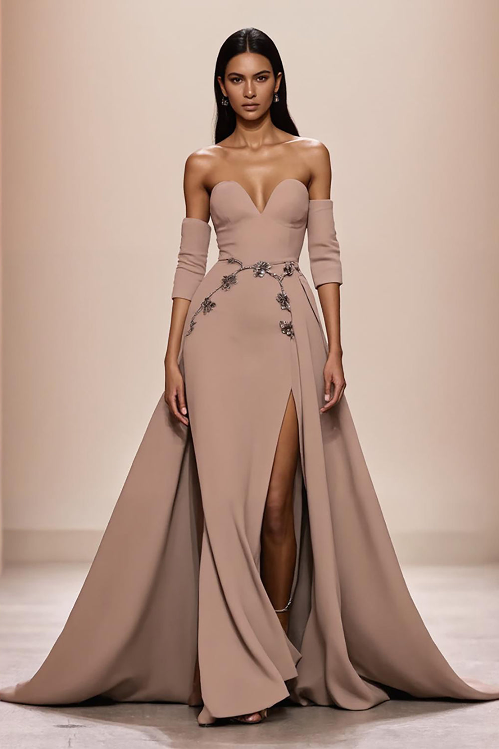 Champagne Sweetheart Appliqued Long Formal Dress with Slit