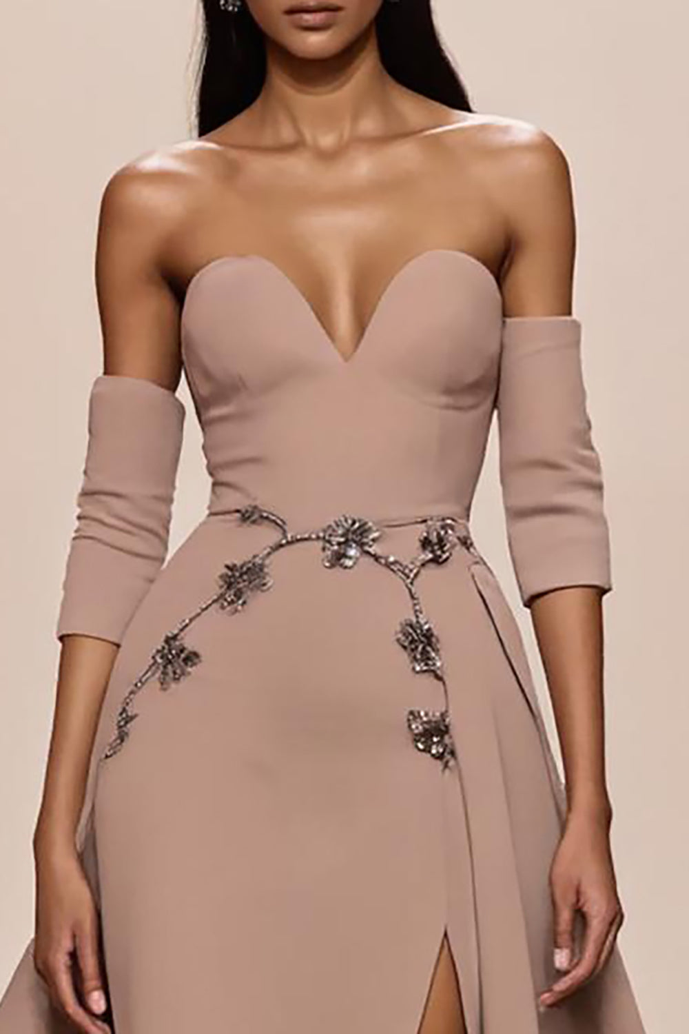 Champagne Sweetheart Appliqued Long Formal Dress with Slit
