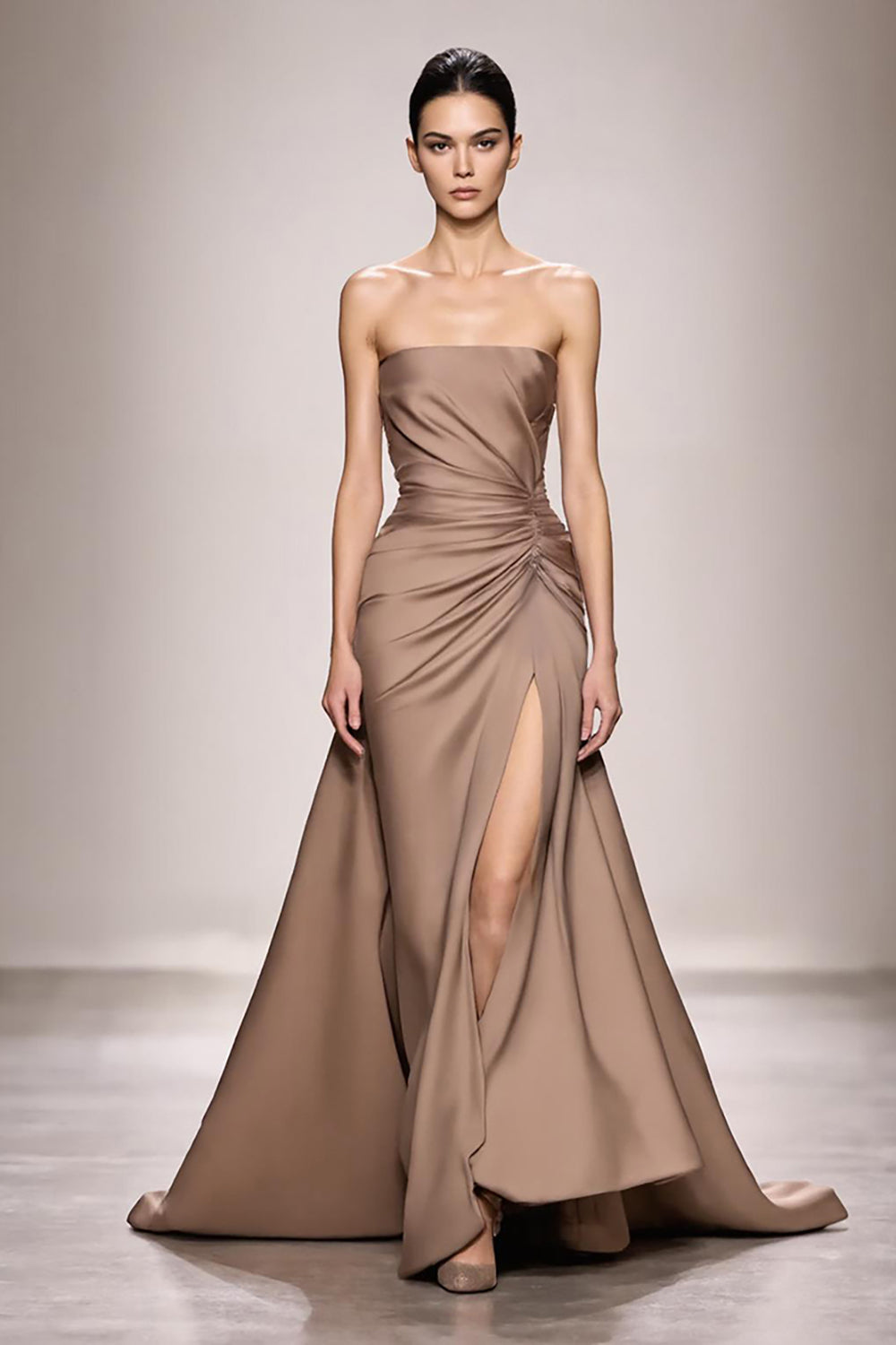Champagne Strapless Ruched Satin Long Formal Dress with Slit