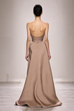 Champagne Strapless Ruched Satin Long Formal Dress with Slit