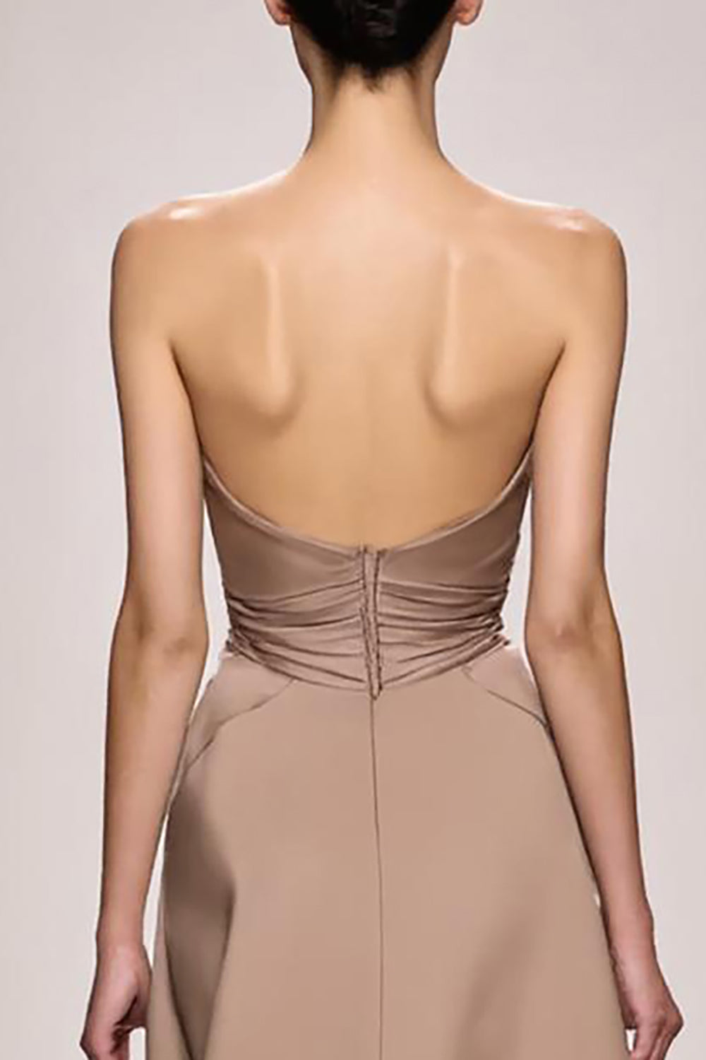 Champagne Strapless Ruched Satin Long Formal Dress with Slit
