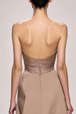 Champagne Strapless Ruched Satin Long Formal Dress with Slit