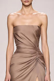 Champagne Strapless Ruched Satin Long Formal Dress with Slit