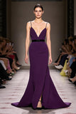 Dark Purple Satin Spaghetti Straps Long Formal Dress with Slit