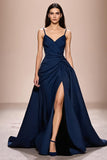 Dark Blue A Line Ruched Long Formal Dress with Slit