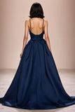 Dark Blue A Line Ruched Long Formal Dress with Slit