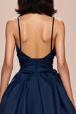 Dark Blue A Line Ruched Long Formal Dress with Slit