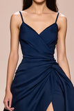 Dark Blue A Line Ruched Long Formal Dress with Slit