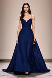 Dark Blue Spaghetti Straps Satin A Line Maxi Formal Dress