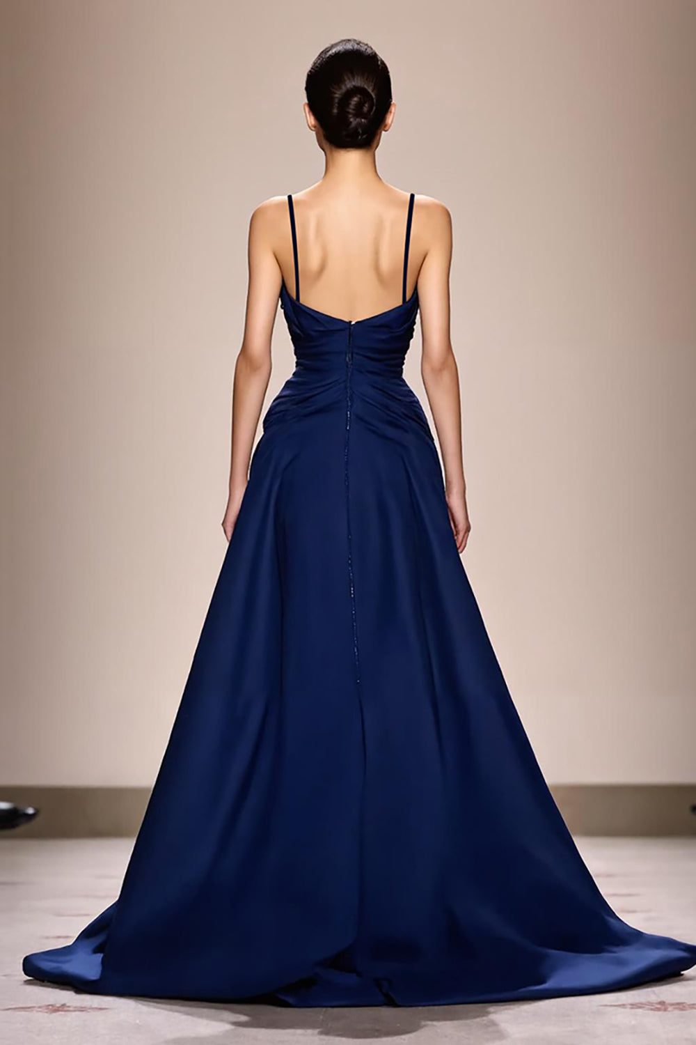 Dark Blue Spaghetti Straps Satin A Line Maxi Formal Dress