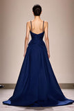 Dark Blue Spaghetti Straps Satin A Line Maxi Formal Dress