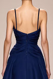 Dark Blue Spaghetti Straps Satin A Line Maxi Formal Dress