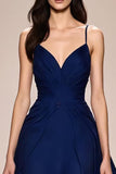 Dark Blue Spaghetti Straps Satin A Line Maxi Formal Dress