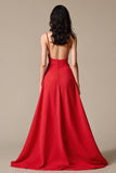 Red Satin A Line Spaghetti Straps Long Formal Dress with Slit