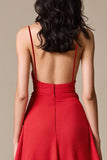 Red Satin A Line Spaghetti Straps Long Formal Dress with Slit