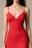 Red Satin A Line Spaghetti Straps Long Formal Dress with Slit