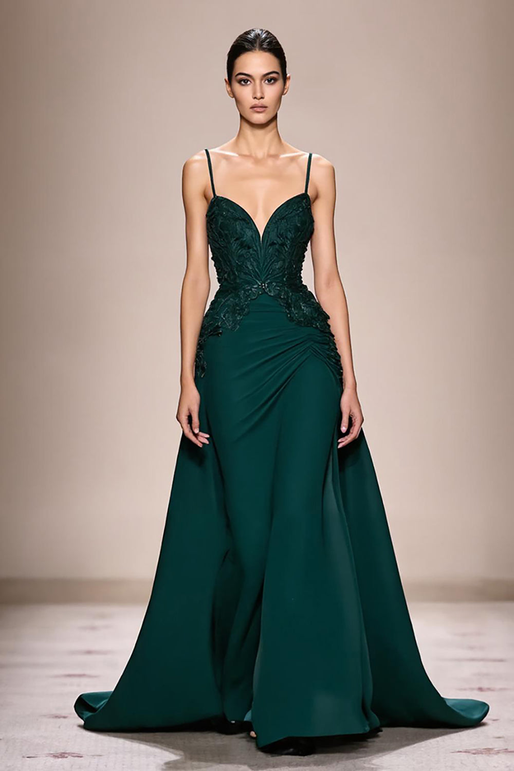 Dark Green A Line Satin Ruched  Appliqued Long Formal Dress