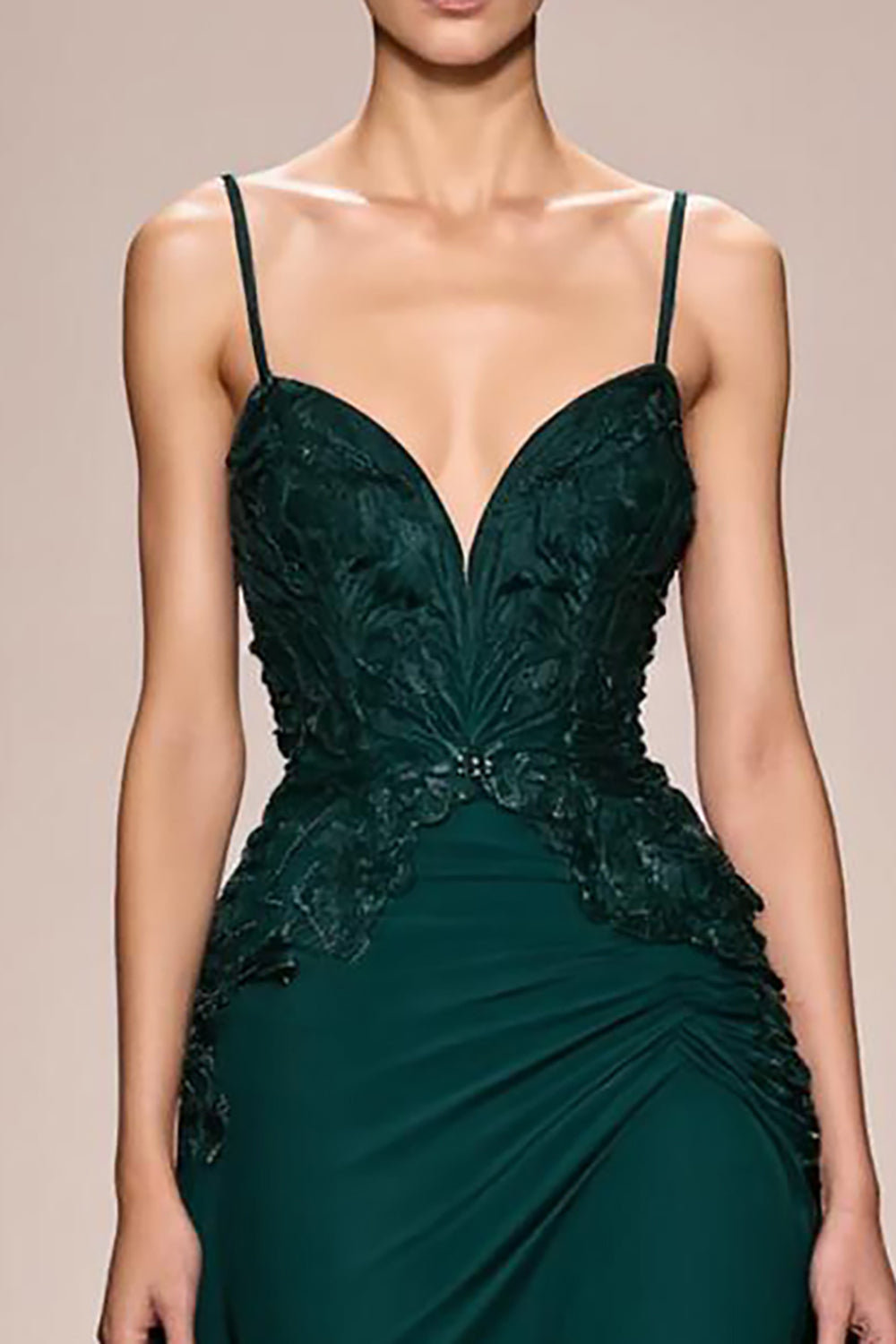Dark Green A Line Satin Ruched  Appliqued Long Formal Dress