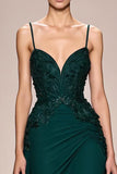 Dark Green A Line Satin Ruched  Appliqued Long Formal Dress