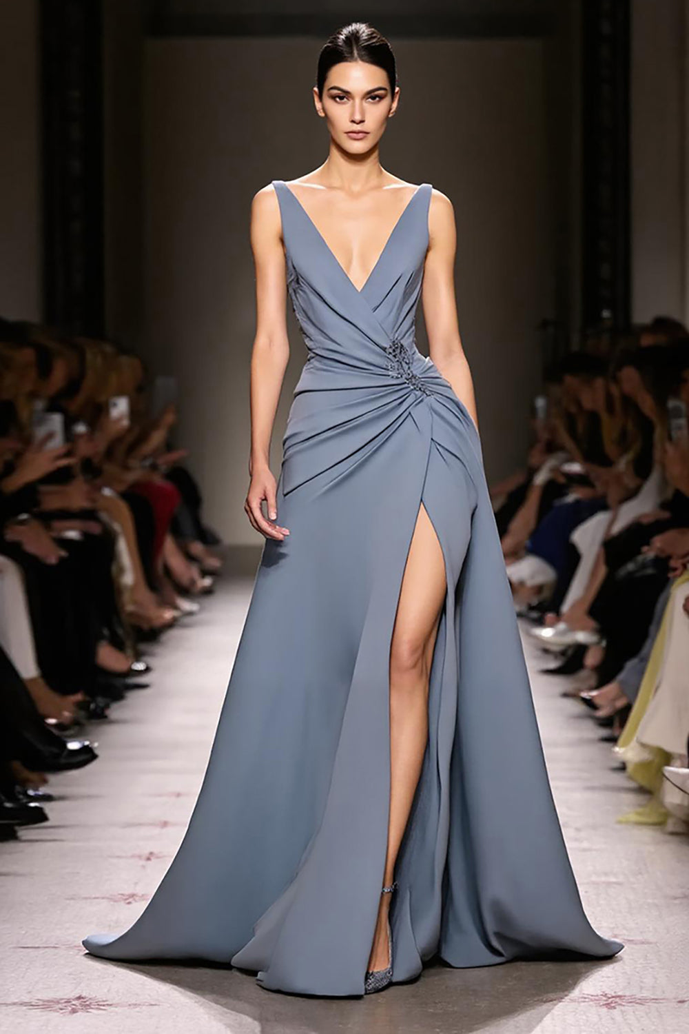Grey Blue A Line Ruched V Neck Long Formal Dress with Slit