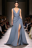 Grey Blue A Line Ruched V Neck Long Formal Dress with Slit