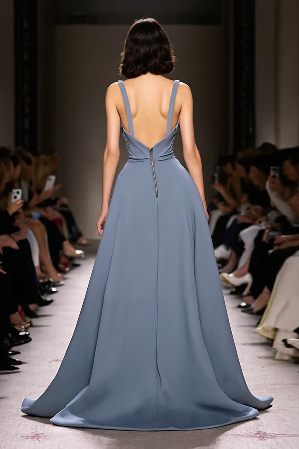 Grey Blue A Line Ruched V Neck Long Formal Dress with Slit
