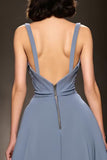 Grey Blue A Line Ruched V Neck Long Formal Dress with Slit