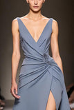 Grey Blue A Line Ruched V Neck Long Formal Dress with Slit