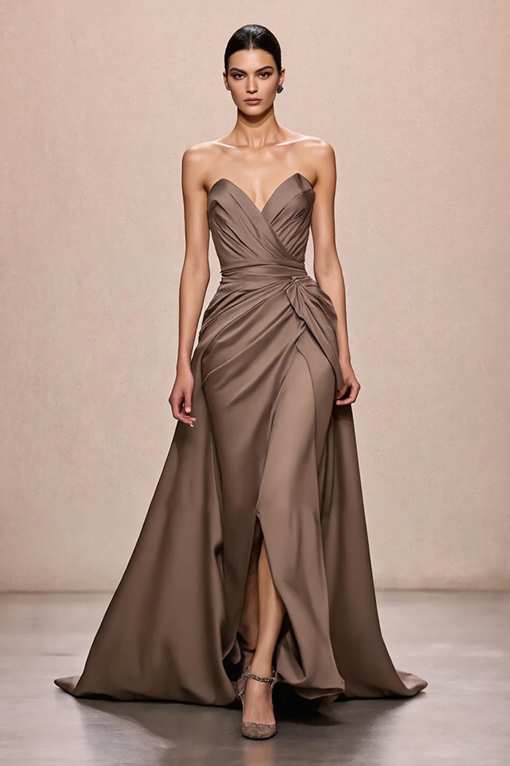 Coffee Satin A Line Ruched Sweetheart Long Formal Dress